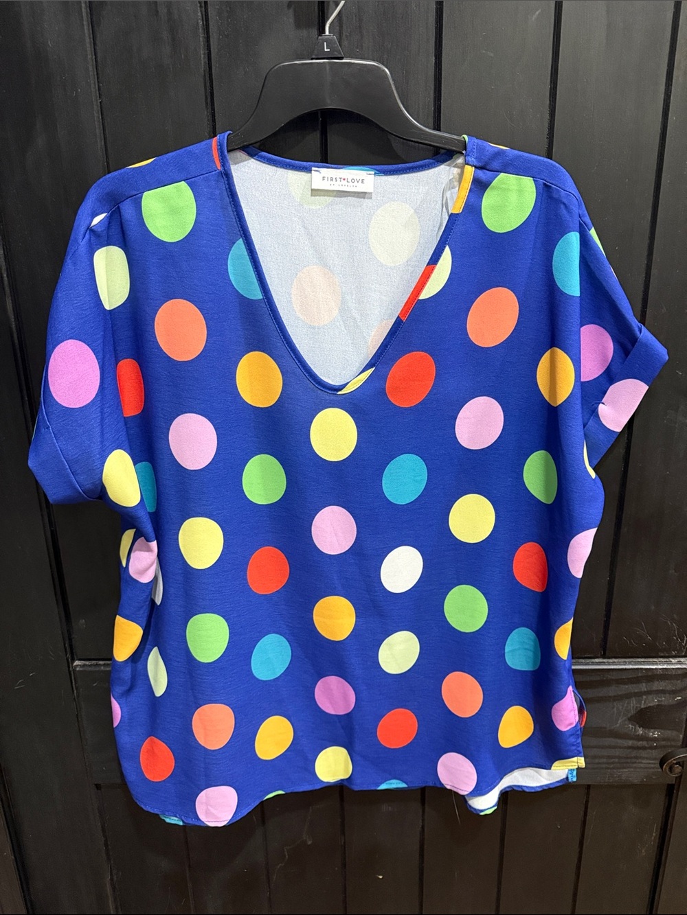First Love Royal Blue V-Neck Top with Multi-Color Polka Dots
